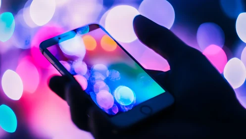 Smartphone screen glows amid neon bokeh city lights.