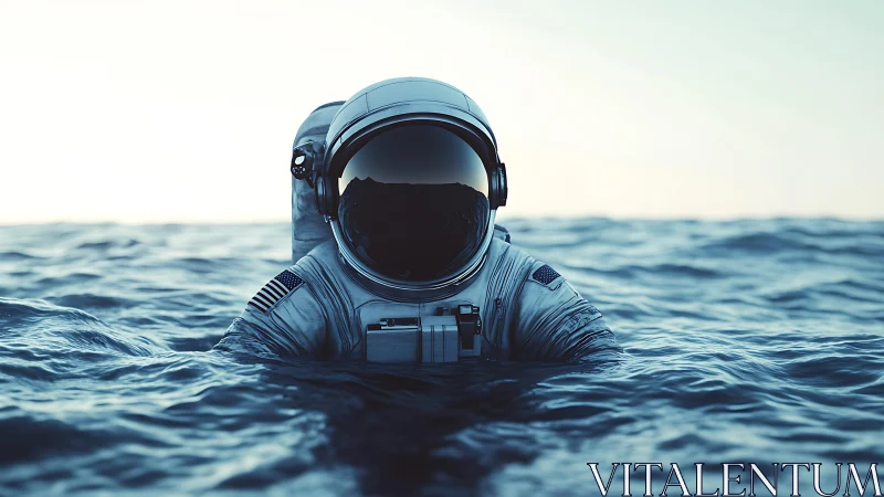 Sea-stranded astronaut wading through an endless horizon.