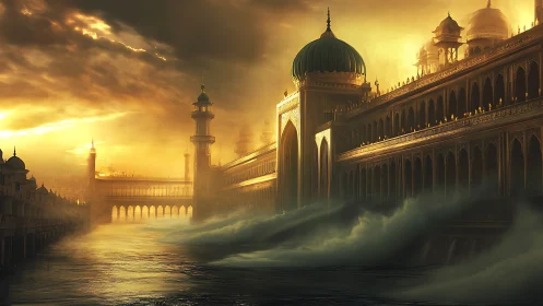 Golden flooded palace corridor merges architecture and storm