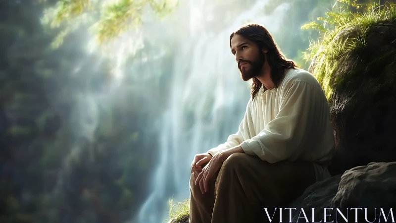 Solitary robed figure sits on rock before diffuse waterfall