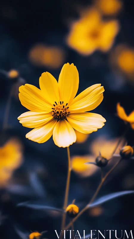 Yellow cosmos flower with selective focus and bokeh background rendering.