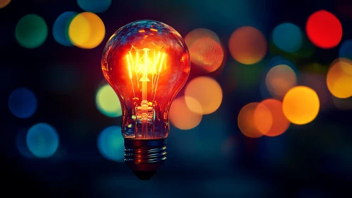 Glowing lightbulb over colorful bokeh night background.