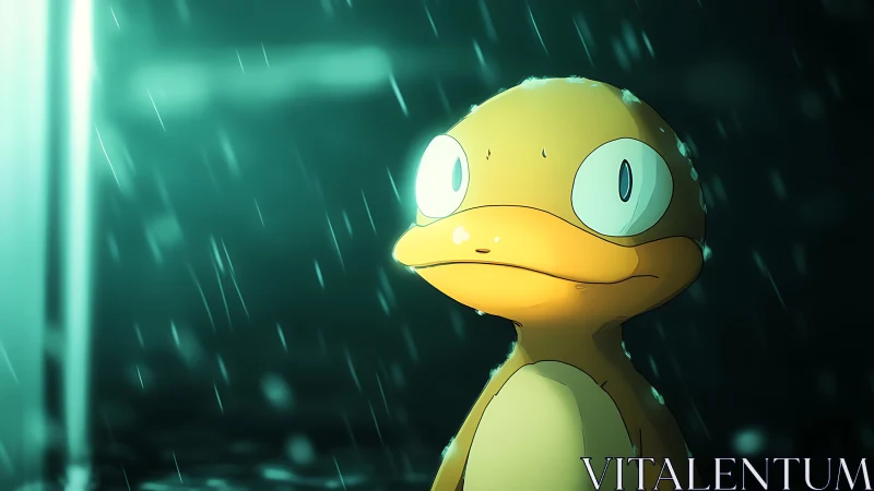 Yellow cartoon duck standing in rainy night scene.