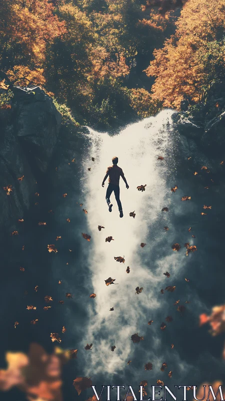 Drifting Through Autumn Mist Above A Dreamlike Waterfall.