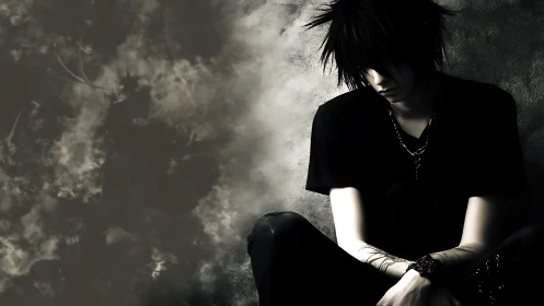 Shadow-tousled dreamer folds into storm-stained silence