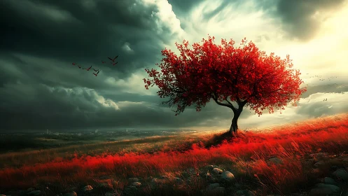 Solitary crimson tree burns bright beneath a storm sky