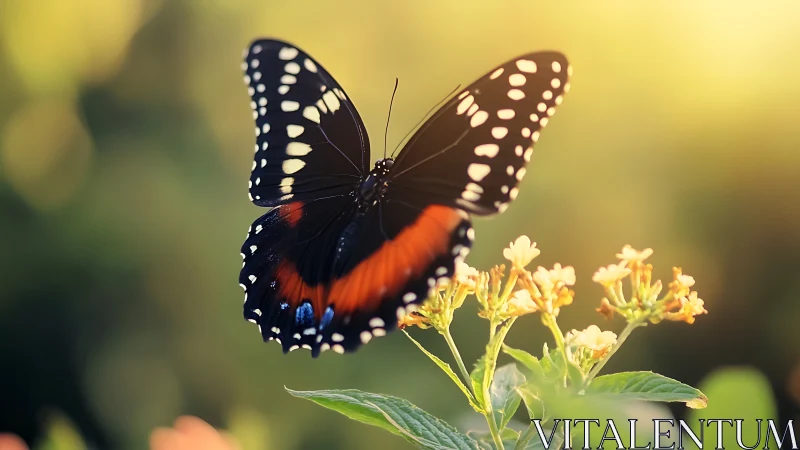 Macro study of a butterfly over sunlit garden flora.