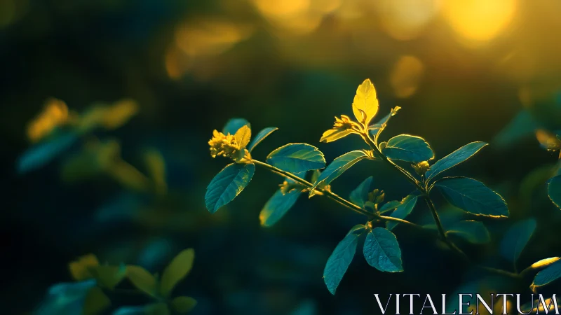 Sunlit foliage branch glowing in warm golden bokeh light.
