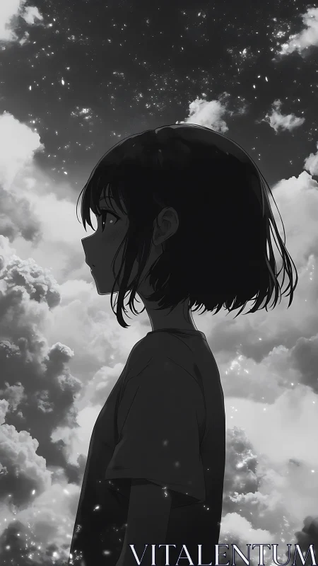 Monochrome anime profile girl beneath luminous starfield.