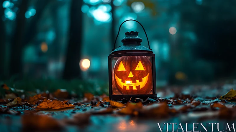 Jack o lantern candle lantern on wet autumn forest path.