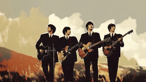 Four suited guitarists share a timeless moment under bright skies