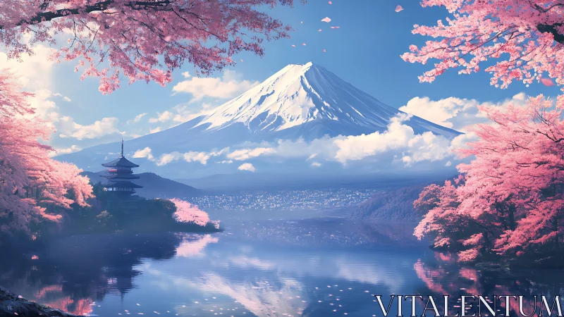 Cherry blossoms quietly crown a dreamy blue Mount Fuji