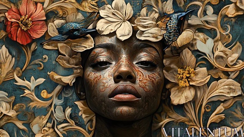 Golden florals cradle a serene face in dreamy quiet wonder