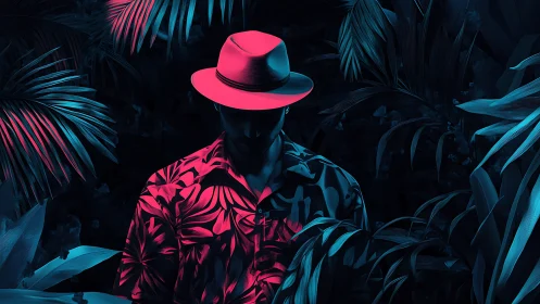 Neon-lit man in fedora hides within tropical jungle shadows.