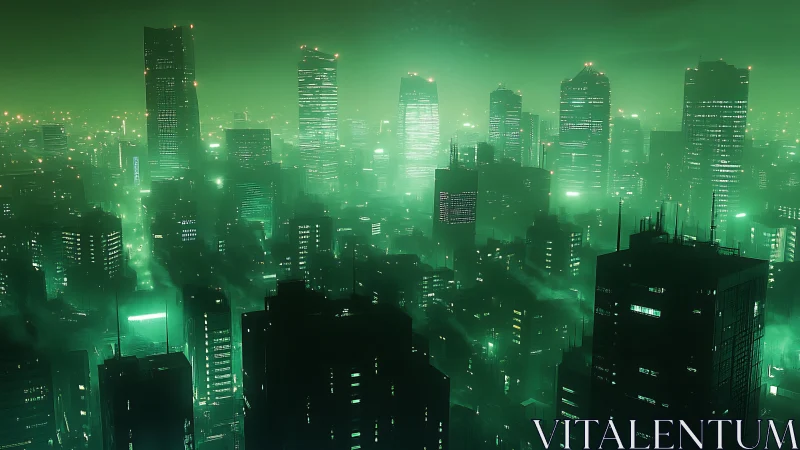Emerald neon megacity skyline rendered in atmospheric cyber haze
