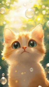 Orange and White Cat with Bright Eyes Among Bubbles
