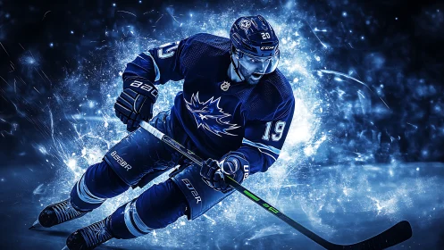 Electric ice hockey hero racing through a storm of blue light.