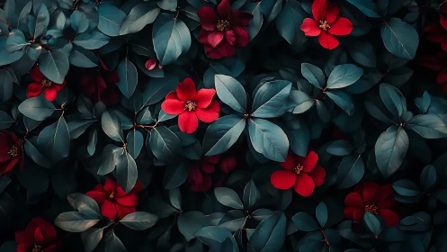 Deep teal foliage with vibrant red five-petal flowers in moody botanical composition