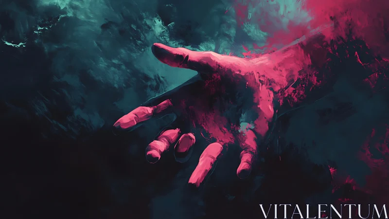 Luminous hand reaches through neon-tinted cosmic darkness.