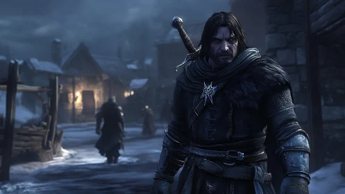 Brooding winter ranger stalks a haunted, torchlit village night.