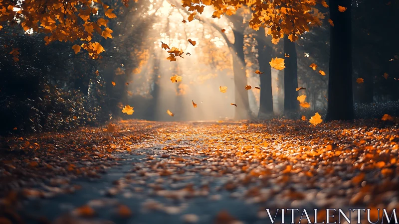 Golden autumn leaves swirl above sunlit forest pathway