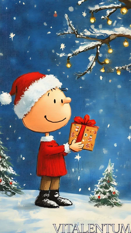 Cartoon child holds wrapped gift in snowy outdoor scene