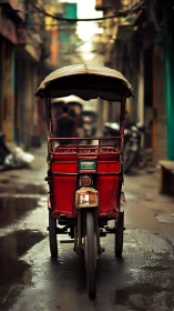 Weathered red rickshaw in narrow rain-soaked alleyway.