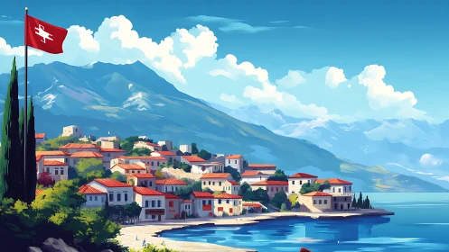 Swiss Alpine Village Lakeside. Mountain Architecture.