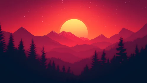 Crimson twilight sun melting behind midnight pine ridges.