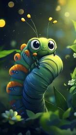 Bioluminescent forest caterpillar with exaggerated ocular geometry.