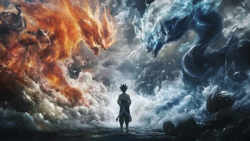 Figure stands between opposing elemental beasts in clouds