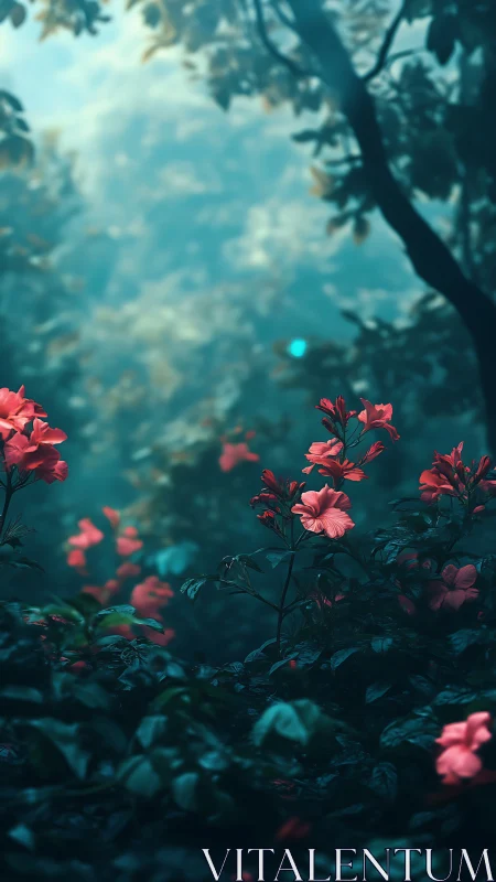 Luminous teal forest with vivid pink wildflowers in bloom.