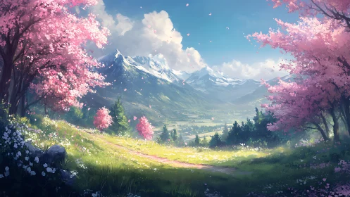 Cherry blossom trees frame a sunlit valley before mountains