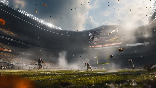 Football players stand on smoky stadium field during chaos