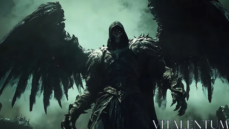 Dark armored winged figure stands in eerie green mist