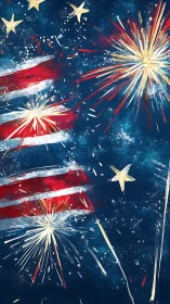 Fireworks burst over stylized red and white flag stripes