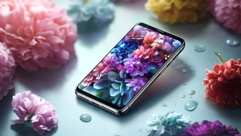 High-gloss smartphone with floral AMOLED display and water droplets