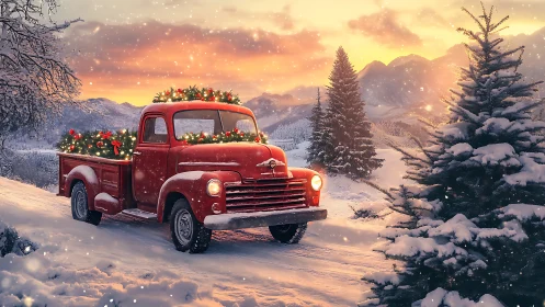 Vintage red pickup glows against luminous alpine winter sunset
