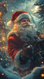 Digital illustration depicts Santa figure in snowy village scene