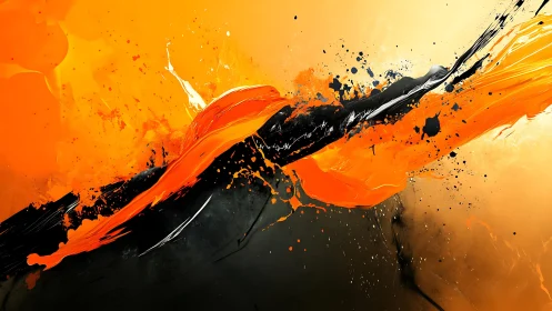 Dynamic Abstract Painting with Bold Orange and Black Brushstrokes.