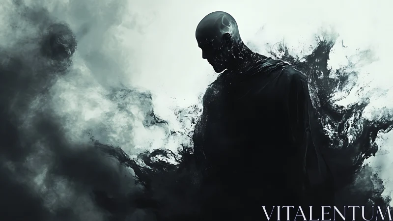 Vaporous humanoid silhouette dissolving into turbulent black fluid.