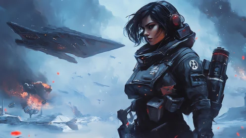 Armored space soldier surveys burning frozen battlefield calmly