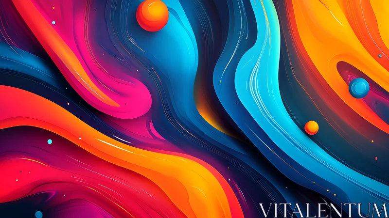 Vibrant fluid gradient waves with neon orbs and layered contours