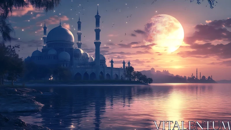 Moonlit lakeside palace under glowing pastel twilight sky