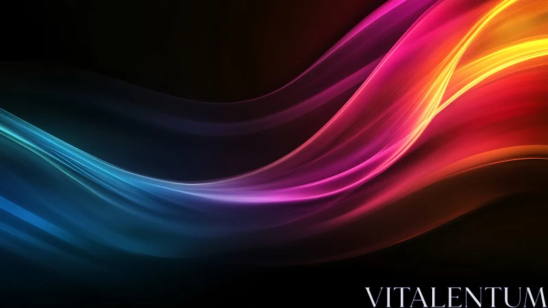 Chromatic light waves curve across a deep black digital void