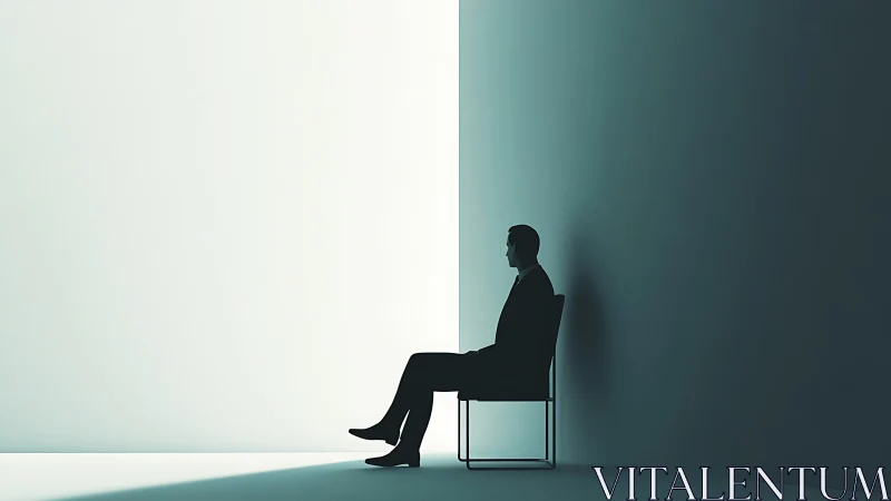 Silhouette thinker waits at a bright minimalist threshold.