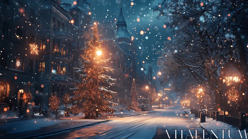 Snowy city boulevard with illuminated Christmas trees at dusk