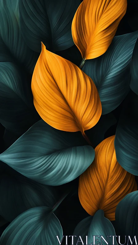 Golden ember leaves adrift in deep teal jungle hush.
