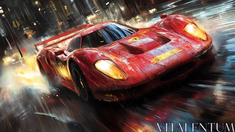 Red racing legend slicing through a rain soaked night street.
