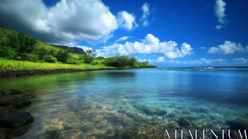 Tropical shoreline mirrors lush hills beneath vivid sky.